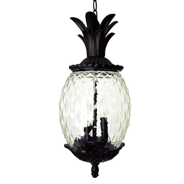 Homeroots Clear And Black Three Light Pineapple Outdoor Hanging Pendent Light  Metal And Glass 398015