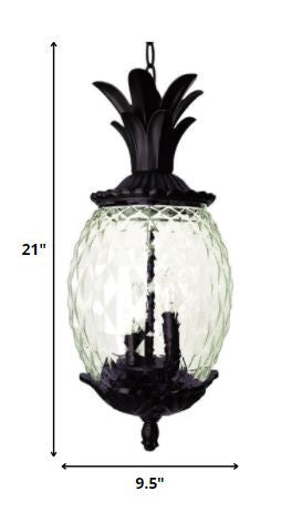 Homeroots Clear And Black Three Light Pineapple Outdoor Hanging Pendent Light  Metal And Glass 398015