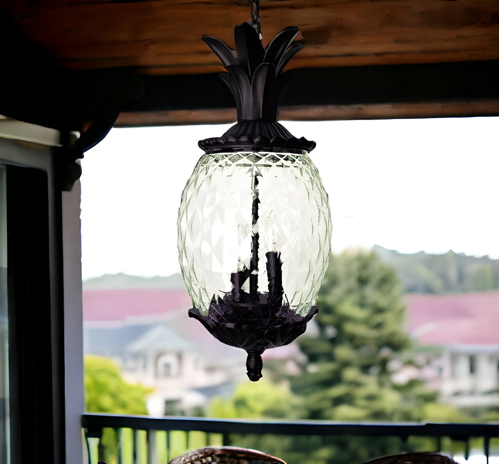 Homeroots Clear And Black Three Light Pineapple Outdoor Hanging Pendent Light  Metal And Glass 398015