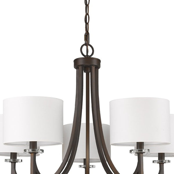 Homeroots Brown Candle Style Five Light Metal And Crystals Dimmable Chandelier With White Shades   398055