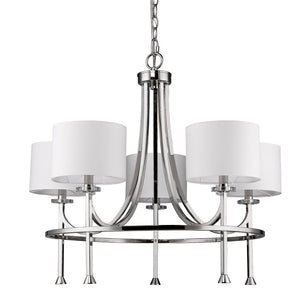 Homeroots Silver Candle Style Five Light Metal And Crystals Dimmable Chandelier With White Shades   398056