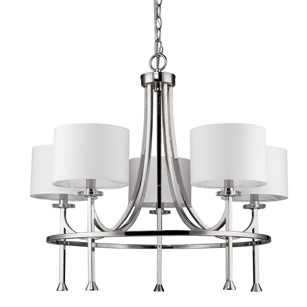 Homeroots Silver Candle Style Five Light Metal And Crystals Dimmable Chandelier With White Shades   398056
