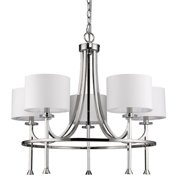 Homeroots Silver Candle Style Five Light Metal And Crystals Dimmable Chandelier With White Shades   398056