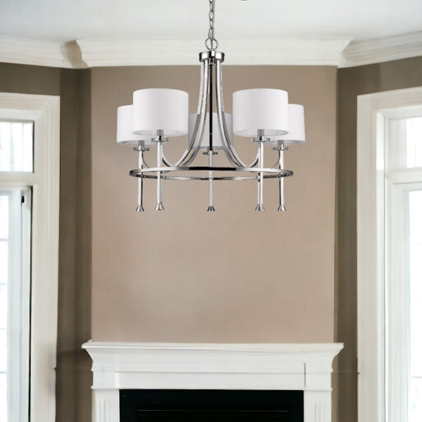 Homeroots Silver Candle Style Five Light Metal And Crystals Dimmable Chandelier With White Shades   398056