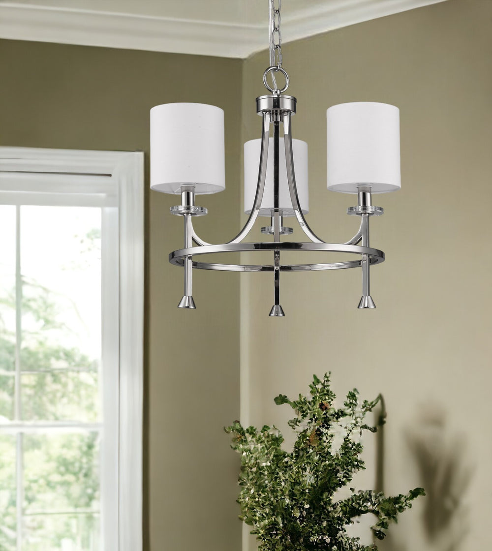 Homeroots Silver Candle Style Three Light Metal Dimmable Chandelier With White Shades   398058