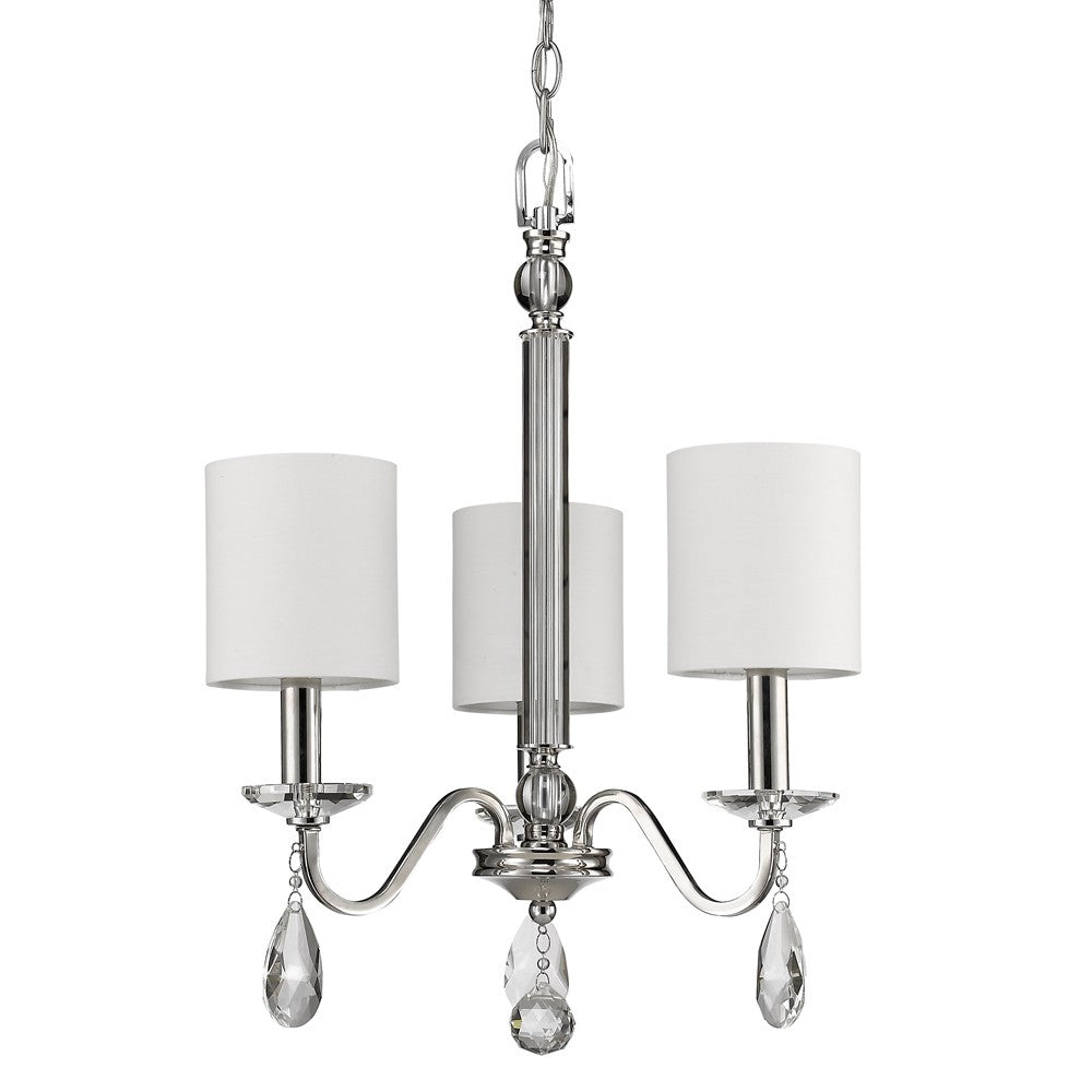 Homeroots Silver Candle Style Three Light Metal And Crystals Dimmable Chandelier With White Shades   398059