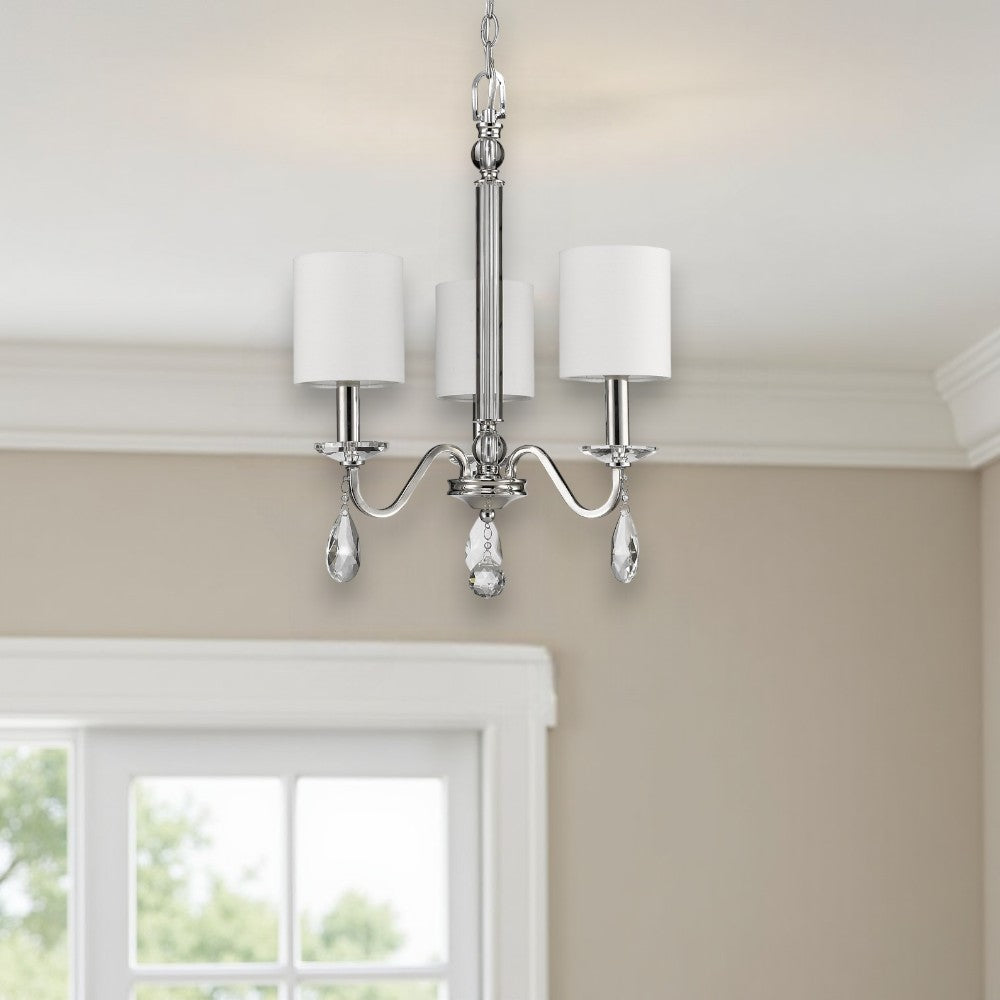 Homeroots Silver Candle Style Three Light Metal And Crystals Dimmable Chandelier With White Shades   398059