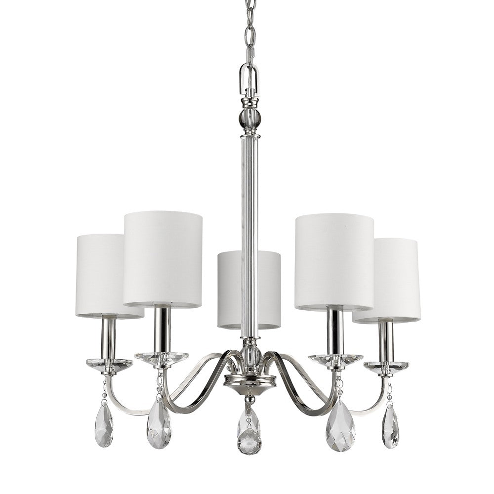 Homeroots Silver Candle Style Five Light Metal And Crystals Dimmable Chandelier With White Shades   398060