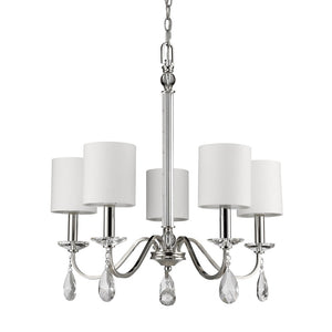 Homeroots Silver Candle Style Five Light Metal And Crystals Dimmable Chandelier With White Shades   398060