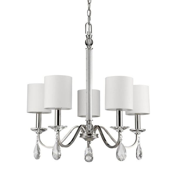 Homeroots Silver Candle Style Five Light Metal And Crystals Dimmable Chandelier With White Shades   398060