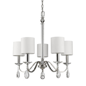 Homeroots Silver Candle Style Five Light Metal And Crystals Dimmable Chandelier With White Shades   398060