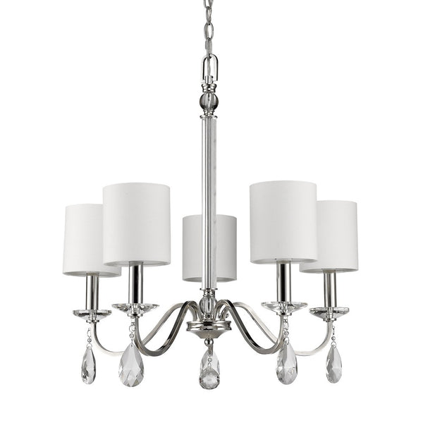 Homeroots Silver Candle Style Five Light Metal And Crystals Dimmable Chandelier With White Shades   398060