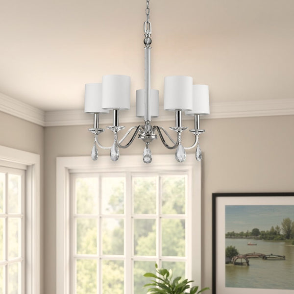 Homeroots Silver Candle Style Five Light Metal And Crystals Dimmable Chandelier With White Shades   398060