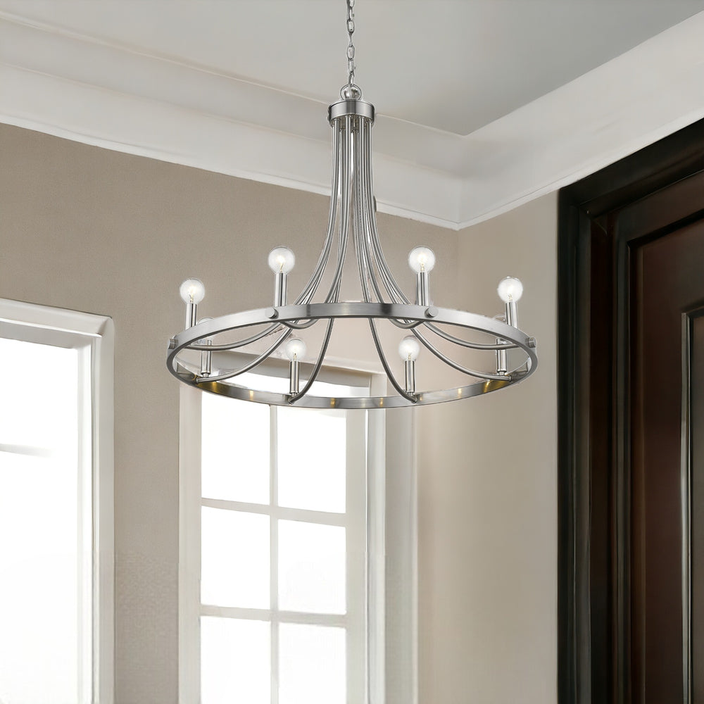 Homeroots Silver Candle Style Eight Light Metal Dimmable Chandelier   398092