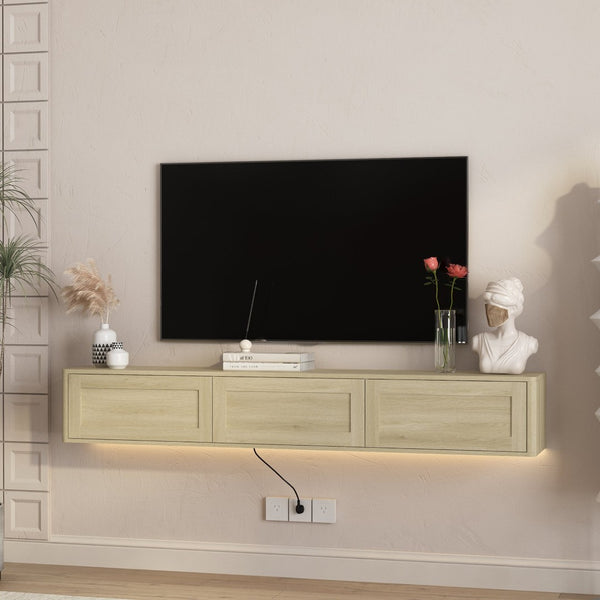 English Elm Floating Wall Mounted Tv Shelf with Led Backlight Gloss Cabinet and Built in Power Strip W1321P391272