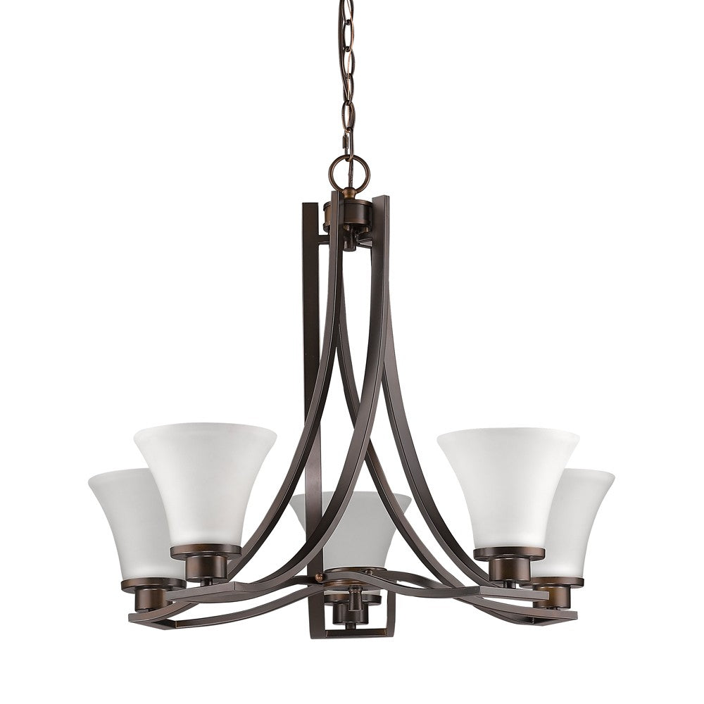 Homeroots Bronze Candle Style Five Light Frosted Metal Dimmable Chandelier With White Shades   398108