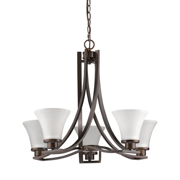 Homeroots Bronze Candle Style Five Light Frosted Metal Dimmable Chandelier With White Shades   398108