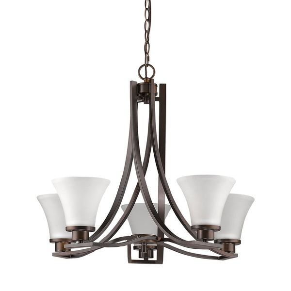 Homeroots Bronze Candle Style Five Light Frosted Metal Dimmable Chandelier With White Shades   398108
