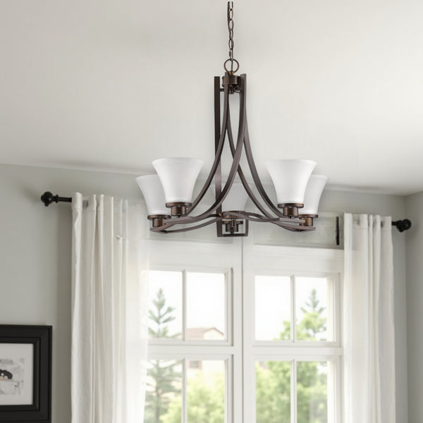 Homeroots Bronze Candle Style Five Light Frosted Metal Dimmable Chandelier With White Shades   398108