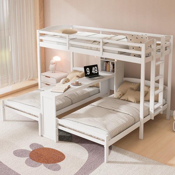 English Elm Twin Triple Bunk Bed with Built in Desk Open Shelving and Led Task Lighting White N7090002243K