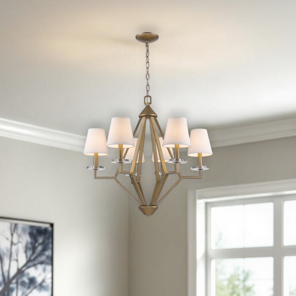 Homeroots Gold Candle Style Six Light Metal And Crystals Dimmable Chandelier With White Shades   398112
