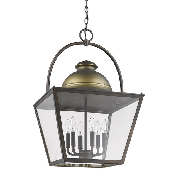 Homeroots Savannah 6-light Oil-rubbed Bronze Foyer Pendant With Raw Brass Accents And Clear Glass Panes   398127