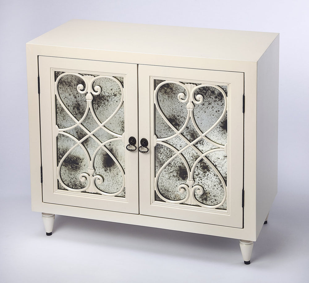 Butler Specialty Finney Chest: Elegant Antique Mirrored Doors, Perfect For Entryway Storage Or Chic Home Bar Setup White Mindi Wood Solids,Mdf,Antique Mirrored Glass,Hardware, Steel,Antique Gold Finish 3981288-butler