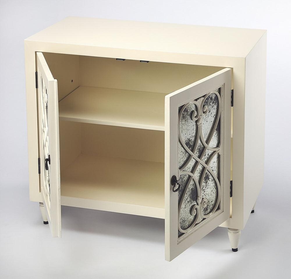 Butler Specialty Finney Chest: Elegant Antique Mirrored Doors, Perfect For Entryway Storage Or Chic Home Bar Setup White Mindi Wood Solids,Mdf,Antique Mirrored Glass,Hardware, Steel,Antique Gold Finish 3981288-butler