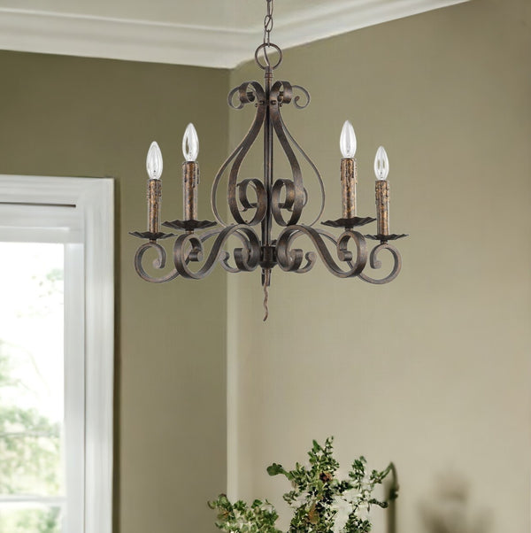Homeroots Brown Candle Style Five Light Metal Dimmable Chandelier   398138