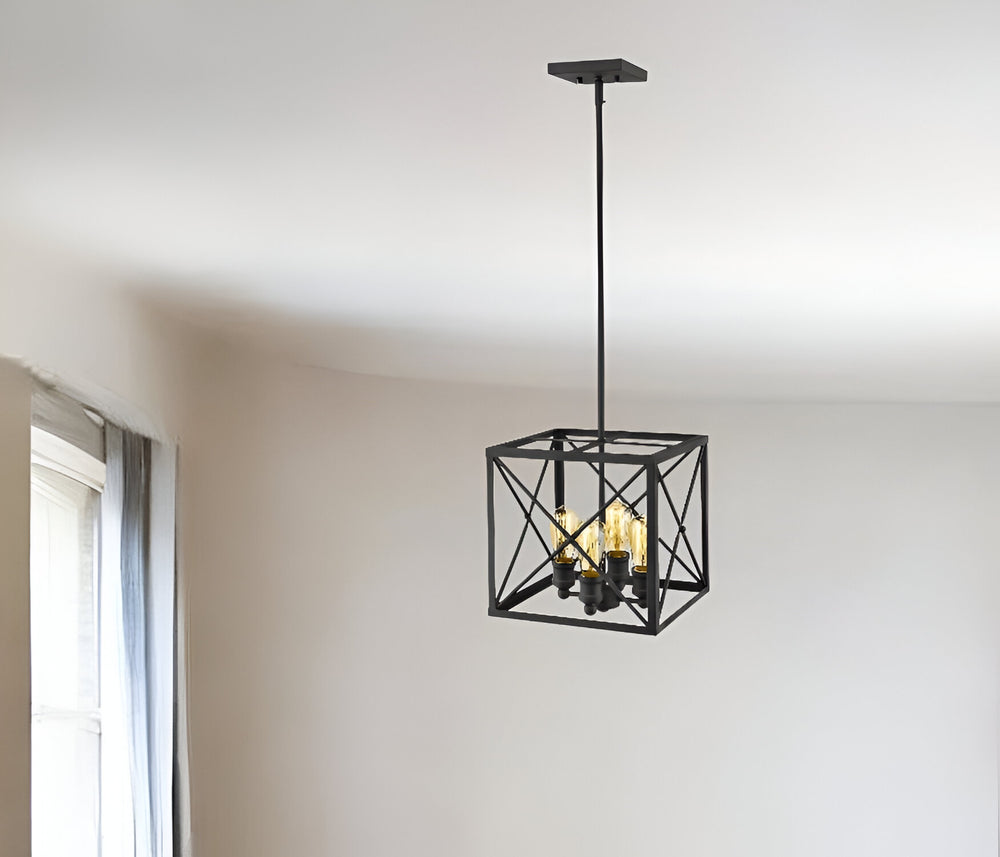 Homeroots Brooklyn 4-light Matte Black Pendant With Metal Framework Shade   398168