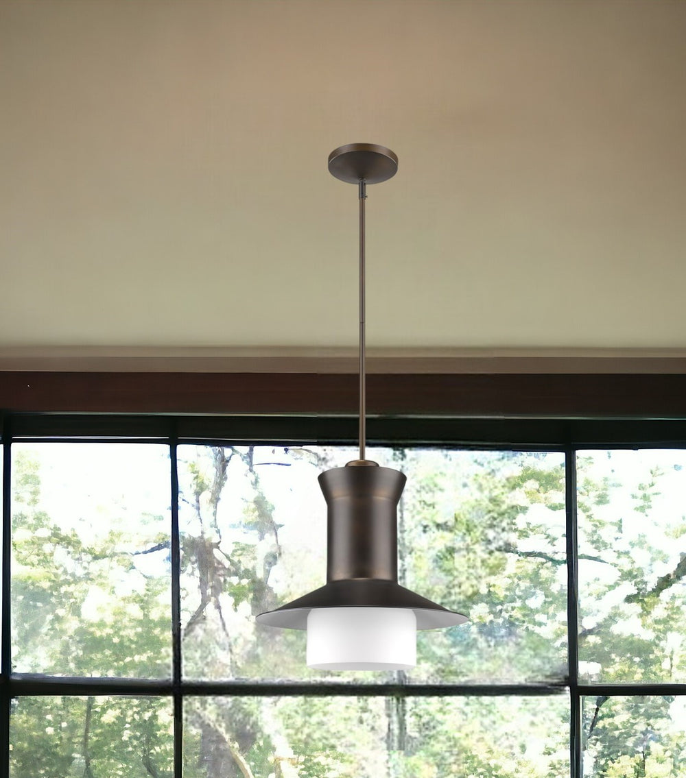 Homeroots Greta 1-light Oil-rubbed Bronze Pendant With Gloss White Interior And Etched Glass Shade   398188