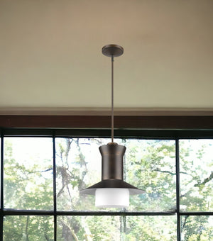 Homeroots Greta 1-light Oil-rubbed Bronze Pendant With Gloss White Interior And Etched Glass Shade   398188
