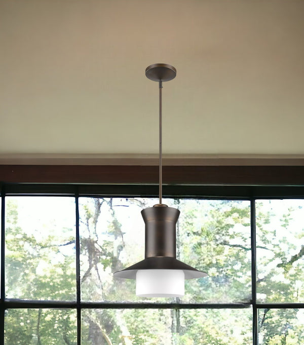 Homeroots Greta 1-light Oil-rubbed Bronze Pendant With Gloss White Interior And Etched Glass Shade   398188