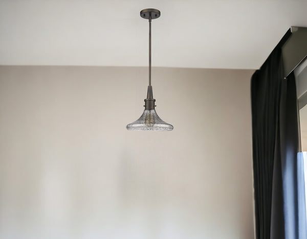 Homeroots Antique Bronze Hanging Light With Pebbled Glass Shade   398193