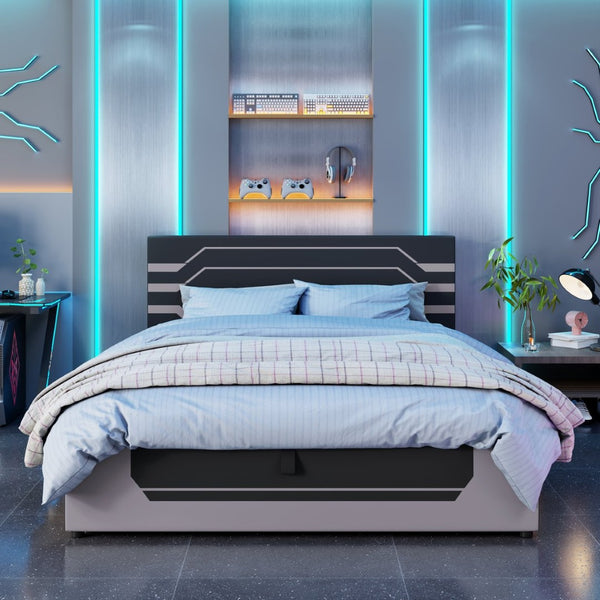 English Elm Modern Cyberpunk Queen Platform Bed Hydraulic Storage Pu Upholstered Gaming Frame Black+ Gray SF000205AAE