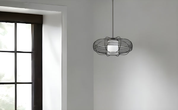 Homeroots Loft 1-light Oil-rubbed Bronze Wire Globe Pendant With Etched Glass Interior Shade   398203