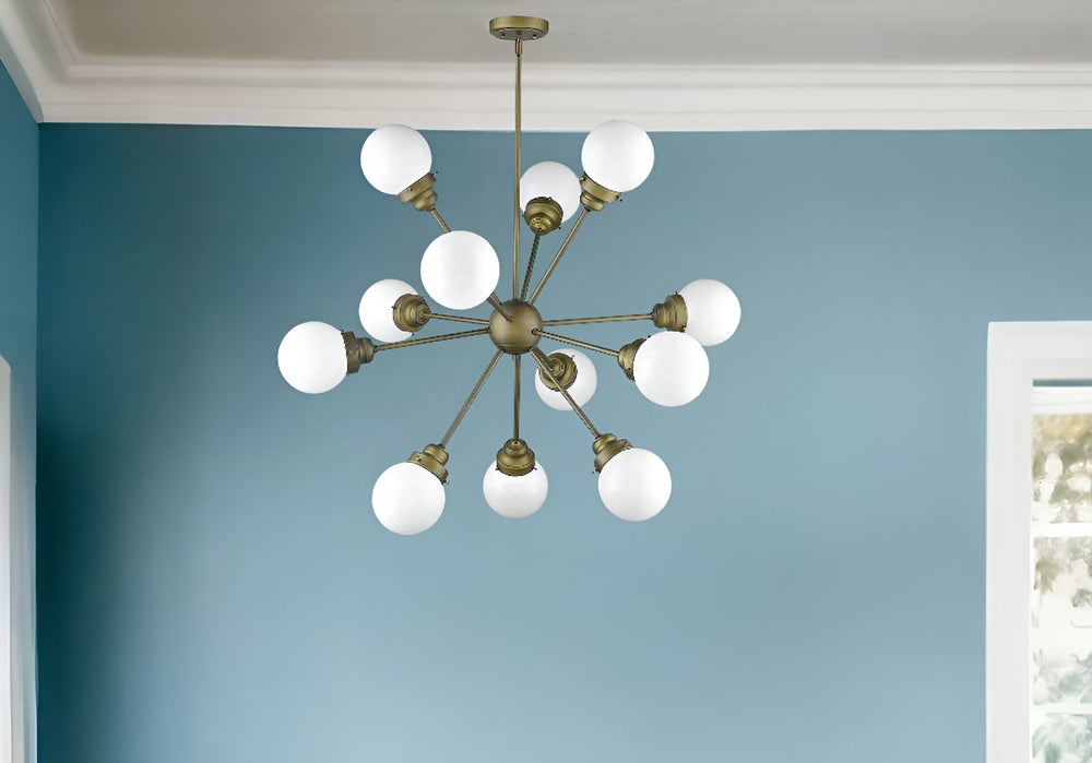Homeroots Bronze Sputnik Twelve Light Frosted Metal Dimmable Chandelier With Off White Shades   398215