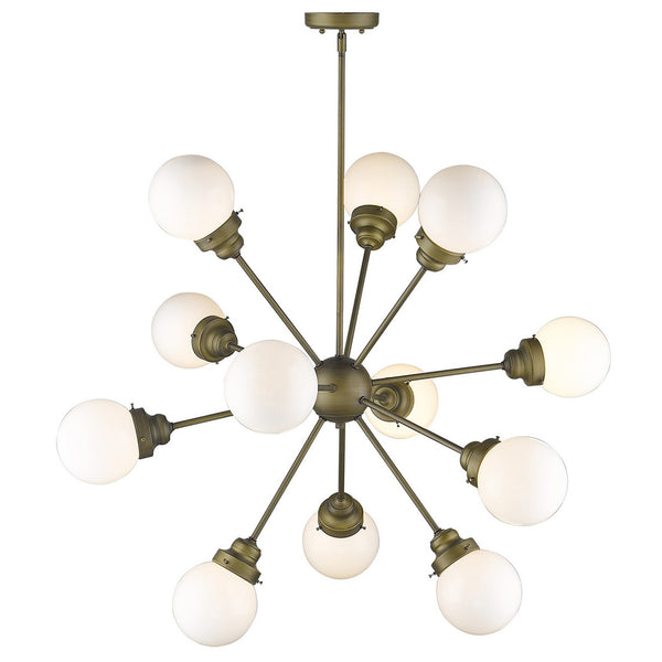 Homeroots Bronze Sputnik Twelve Light Frosted Metal Dimmable Chandelier With Off White Shades   398215