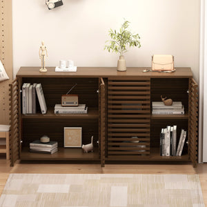 English Elm Living Mid Century Modern TV Stand Curio Buffet Cabinet with Handcrafted Carved Accents and Storage Oak W2263P207524