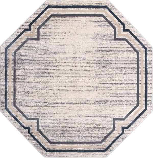 Unique Loom Oasis Fountain Machine Made Border Rug Gray, Ivory/Beige/Navy Blue 7' 1" x 7' 1"