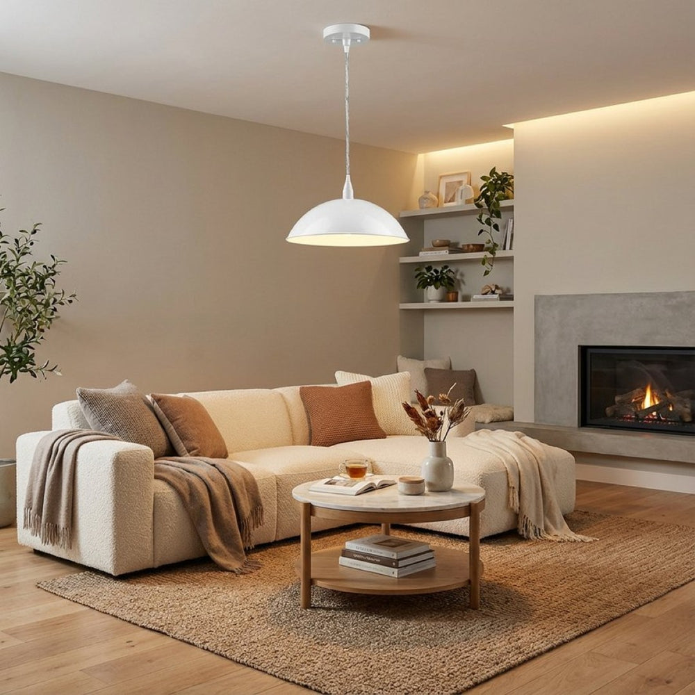 HomeRoots White Metal Hanging Light with Adjustable Dome Shade for Modern & Traditional Spaces - 5.5" H x 12" W 398254