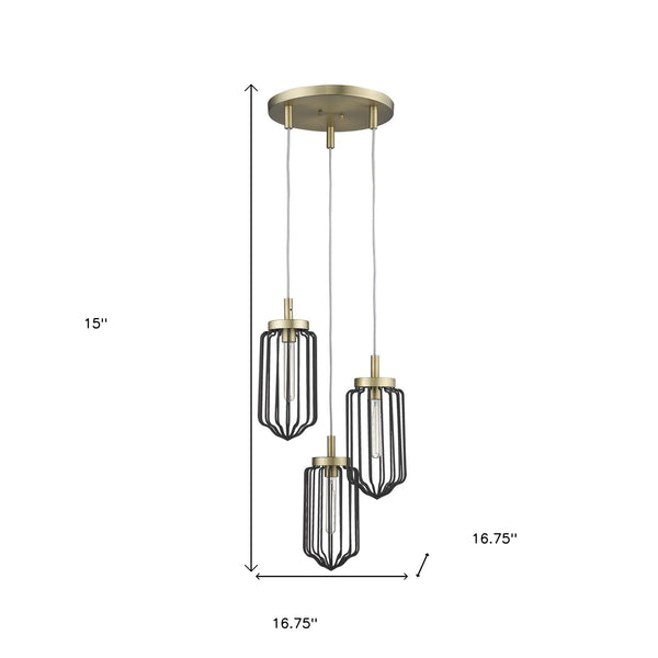 Homeroots Gold Caged Three Light Metal Dimmable Chandelier With Black Shades   398257