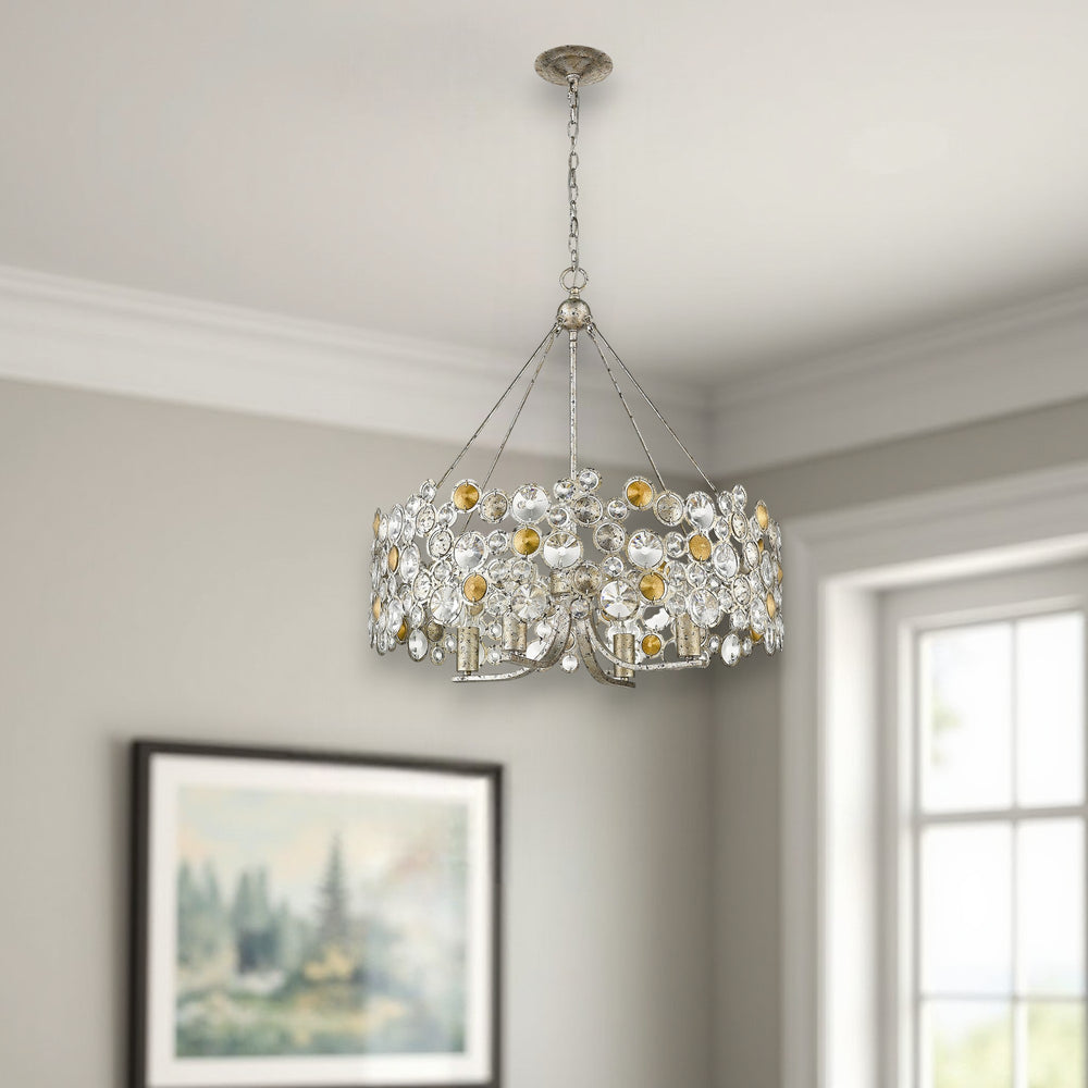 Homeroots Silver Shaded Four Light Metal And Crystals Dimmable Chandelier With Silver Shades   398262
