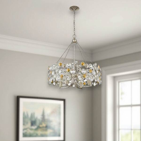 Homeroots Silver Shaded Four Light Metal And Crystals Dimmable Chandelier With Silver Shades   398262