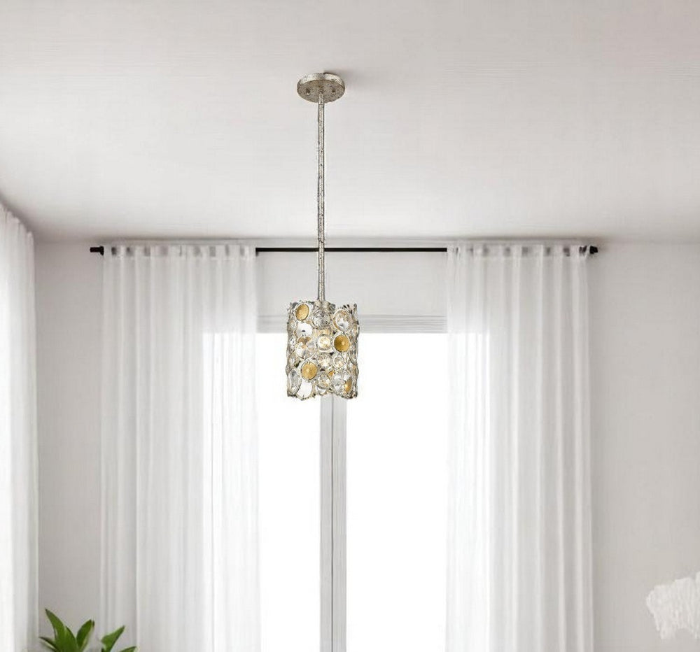 HomeRoots Vitozzi 1-Light Pendant in Antique Silver Leaf with K9 Crystal Accents for Elegant Illumination 398270