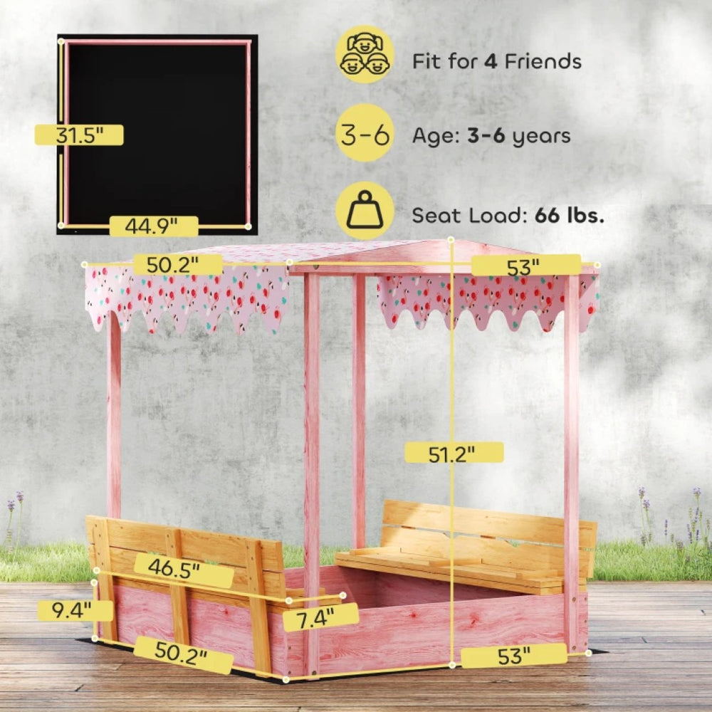 English Elm Outdoor Fir Wood Kids Sandbox with Flamingo Canopy and Convertible Bench Seating T3971P480686