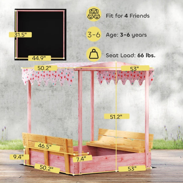 English Elm Outdoor Fir Wood Kids Sandbox with Flamingo Canopy and Convertible Bench Seating T3971P480686