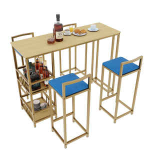 English Elm Bar Table and Four Cushioned Chairs Gold Iron Frame with Built-in Shelf Coastal Style W3064P245382