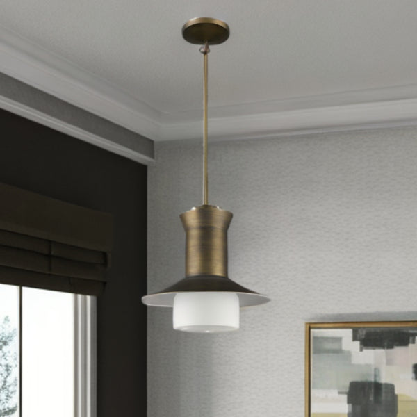 Homeroots Greta 1-light Raw Brass Pendant With Gloss White Interior And Etched Glass Shade   398321