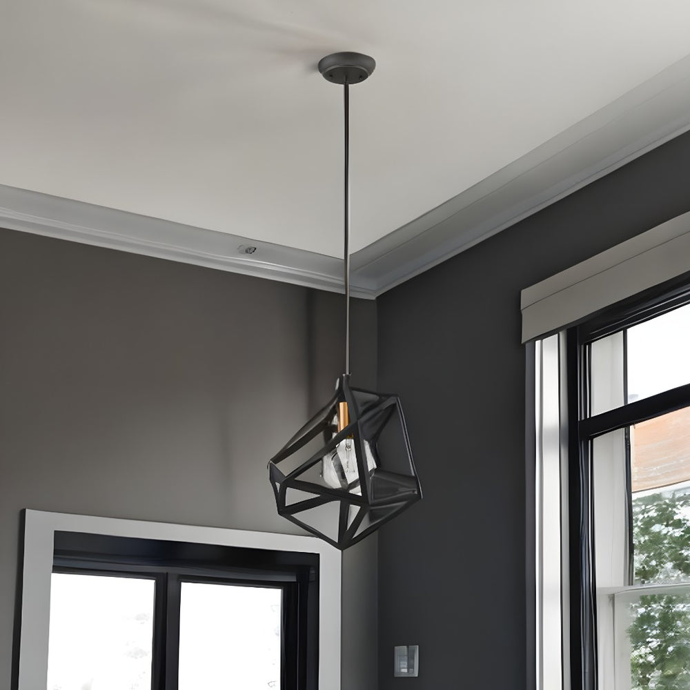 HomeRoots Hedron Modern Geometric Pendant Light - Matte Black Iron Shade & Copper Socket for Chic Spaces 398324